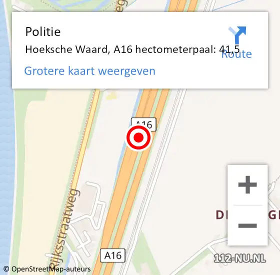 Locatie op kaart van de 112 melding: Politie Hoeksche Waard, A16 hectometerpaal: 41,5 op 26 juli 2023 15:31