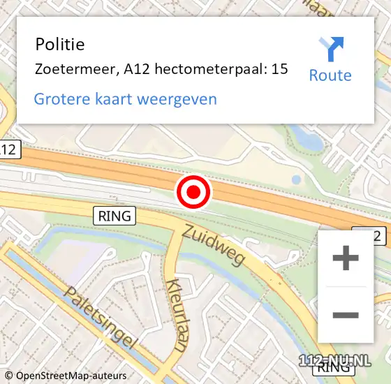 Locatie op kaart van de 112 melding: Politie Zoetermeer, A12 hectometerpaal: 15 op 26 juli 2023 15:32