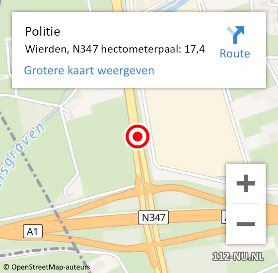 Locatie op kaart van de 112 melding: Politie Wierden, N347 hectometerpaal: 17,4 op 26 juli 2023 16:13