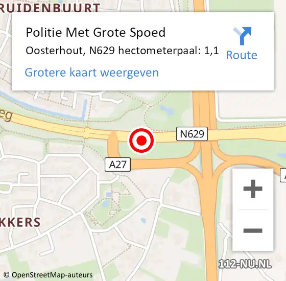 Locatie op kaart van de 112 melding: Politie Met Grote Spoed Naar Oosterhout, N629 hectometerpaal: 1,1 op 26 juli 2023 16:32