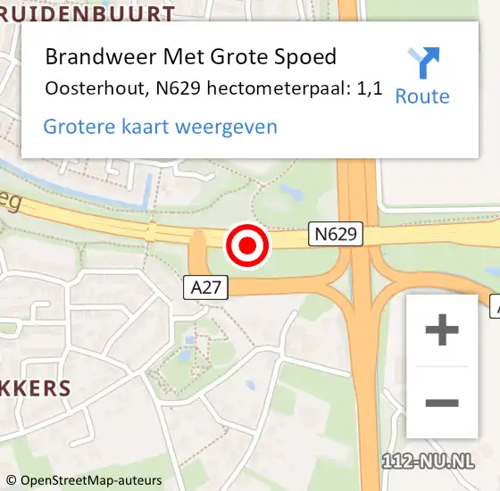 Locatie op kaart van de 112 melding: Brandweer Met Grote Spoed Naar Oosterhout, N629 hectometerpaal: 1,1 op 26 juli 2023 16:36