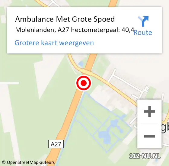 Locatie op kaart van de 112 melding: Ambulance Met Grote Spoed Naar Molenlanden, A27 hectometerpaal: 40,4 op 26 juli 2023 17:49