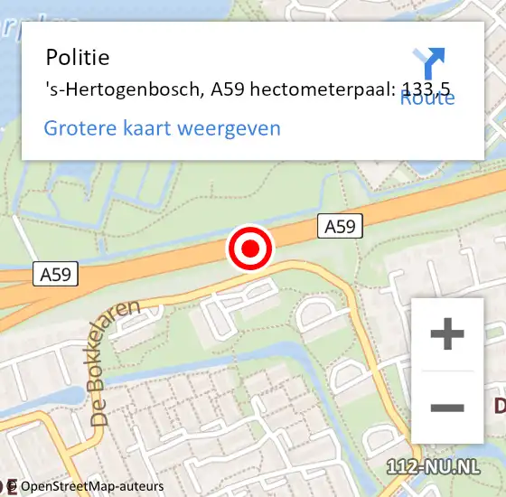 Locatie op kaart van de 112 melding: Politie 's-Hertogenbosch, A59 hectometerpaal: 133,5 op 26 juli 2023 18:30