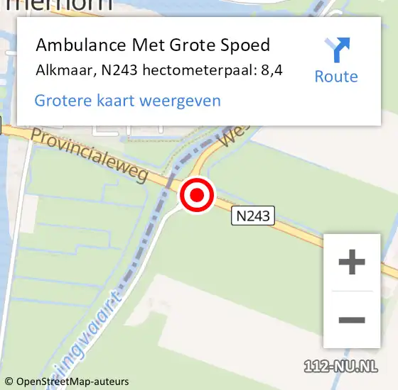 Locatie op kaart van de 112 melding: Ambulance Met Grote Spoed Naar Alkmaar, N243 hectometerpaal: 8,4 op 26 juli 2023 19:24