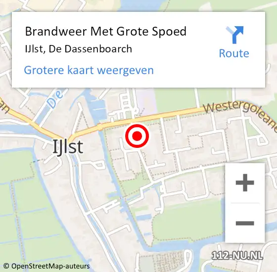 Locatie op kaart van de 112 melding: Brandweer Met Grote Spoed Naar IJlst, De Dassenboarch op 26 juli 2023 22:38