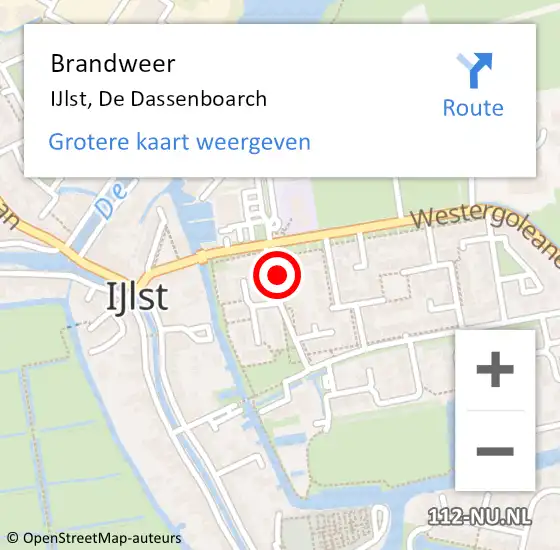 Locatie op kaart van de 112 melding: Brandweer IJlst, De Dassenboarch op 26 juli 2023 22:41