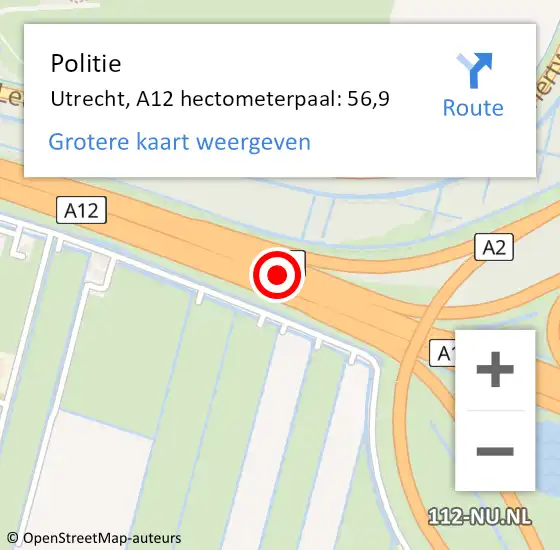 Locatie op kaart van de 112 melding: Politie Utrecht, A12 hectometerpaal: 56,9 op 27 juli 2023 10:16