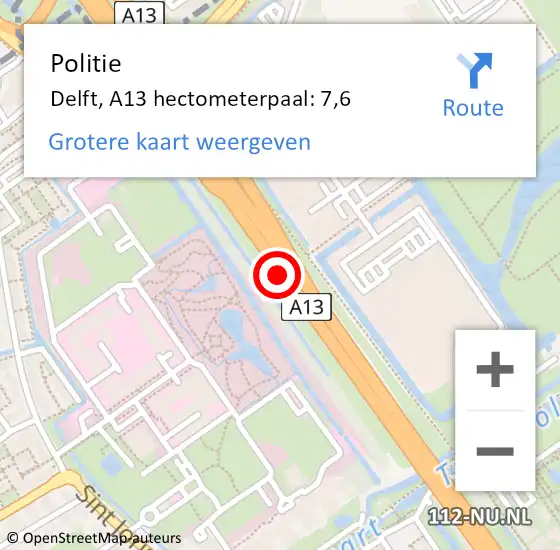 Locatie op kaart van de 112 melding: Politie Delft, A13 hectometerpaal: 7,6 op 27 juli 2023 11:07