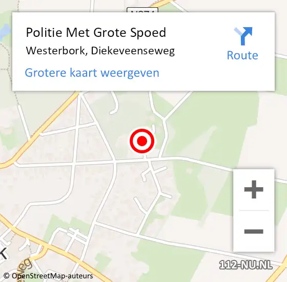 Locatie op kaart van de 112 melding: Politie Met Grote Spoed Naar Westerbork, Diekeveenseweg op 27 juli 2023 11:56