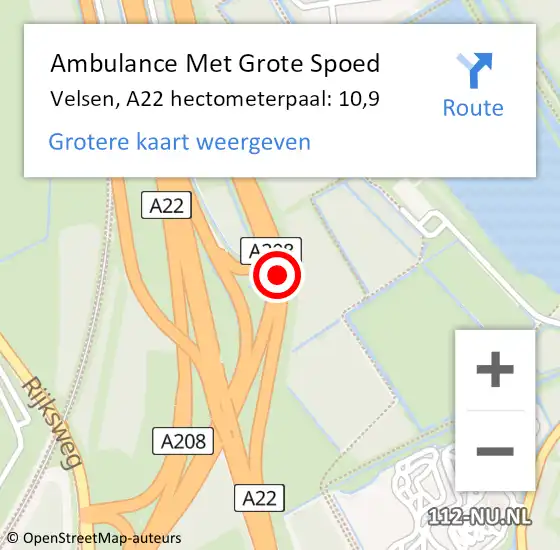 Locatie op kaart van de 112 melding: Ambulance Met Grote Spoed Naar Velsen, A22 hectometerpaal: 10,9 op 27 juli 2023 12:20