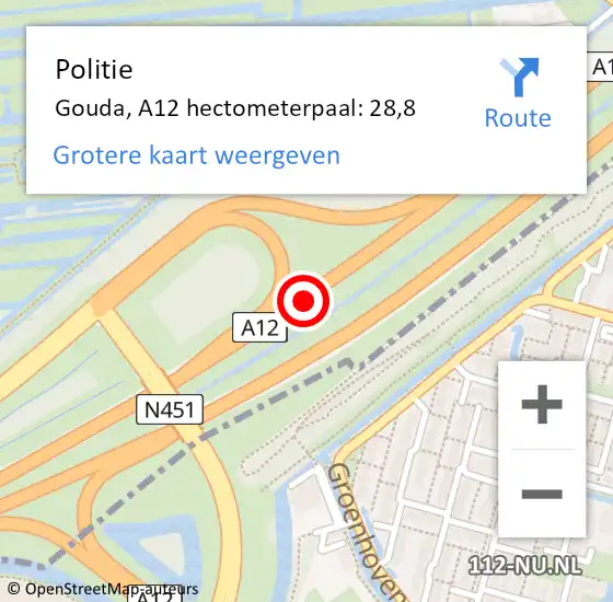 Locatie op kaart van de 112 melding: Politie Gouda, A12 hectometerpaal: 28,8 op 27 juli 2023 13:11