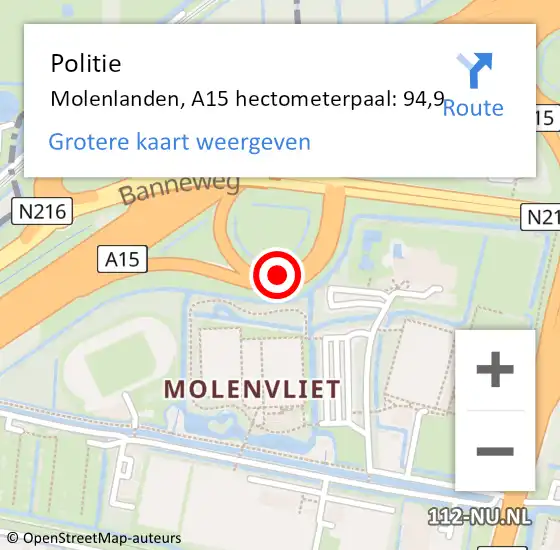 Locatie op kaart van de 112 melding: Politie Molenlanden, A15 hectometerpaal: 94,9 op 27 juli 2023 14:26