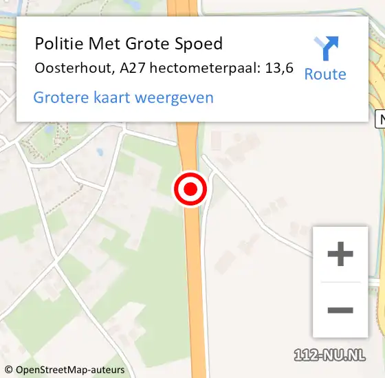 Locatie op kaart van de 112 melding: Politie Met Grote Spoed Naar Oosterhout, A27 hectometerpaal: 13,6 op 27 juli 2023 15:08