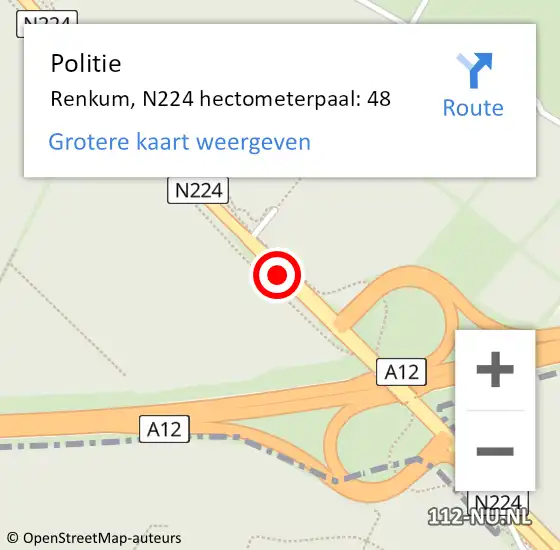 Locatie op kaart van de 112 melding: Politie Renkum, N224 hectometerpaal: 48 op 27 juli 2023 15:45