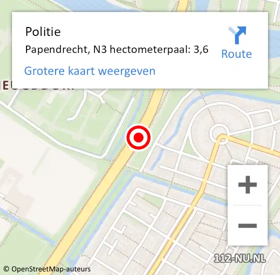 Locatie op kaart van de 112 melding: Politie Papendrecht, N3 hectometerpaal: 3,6 op 27 juli 2023 16:14