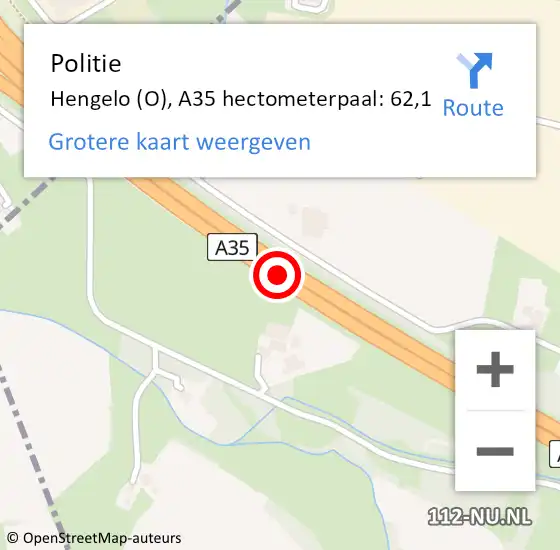 Locatie op kaart van de 112 melding: Politie Hengelo (O), A35 hectometerpaal: 62,1 op 27 juli 2023 16:59