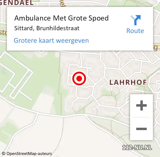 Locatie op kaart van de 112 melding: Ambulance Met Grote Spoed Naar Sittard, Brunhildestraat op 3 september 2014 08:09