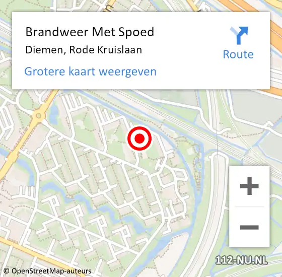 Locatie op kaart van de 112 melding: Brandweer Met Spoed Naar Diemen, Rode Kruislaan op 27 juli 2023 17:10