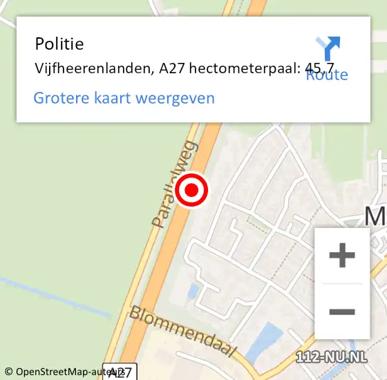 Locatie op kaart van de 112 melding: Politie Vijfheerenlanden, A27 hectometerpaal: 45,7 op 27 juli 2023 17:37