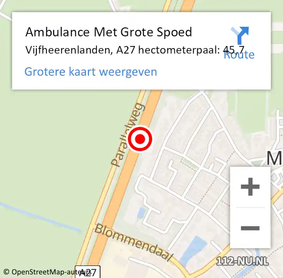 Locatie op kaart van de 112 melding: Ambulance Met Grote Spoed Naar Vijfheerenlanden, A27 hectometerpaal: 45,7 op 27 juli 2023 17:37