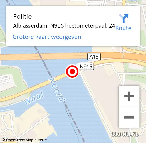 Locatie op kaart van de 112 melding: Politie Alblasserdam, N915 hectometerpaal: 24 op 27 juli 2023 17:40