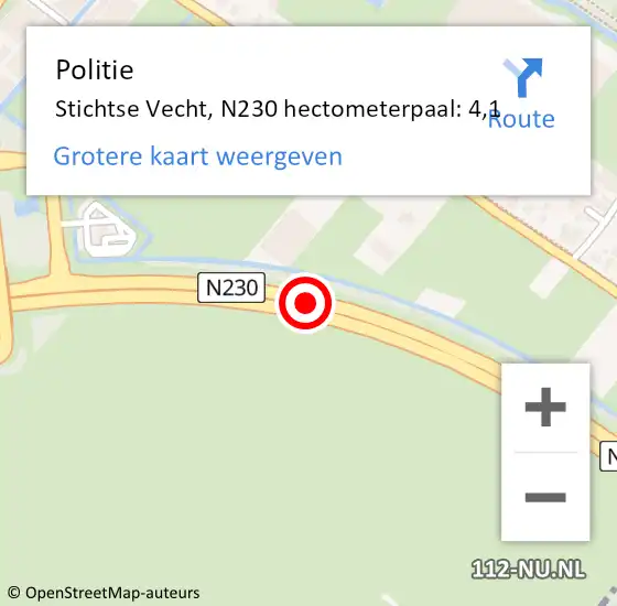 Locatie op kaart van de 112 melding: Politie Stichtse Vecht, N230 hectometerpaal: 4,1 op 27 juli 2023 20:23