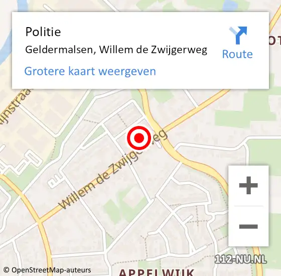 Locatie op kaart van de 112 melding: Politie Geldermalsen, Willem de Zwijgerweg op 27 juli 2023 20:57
