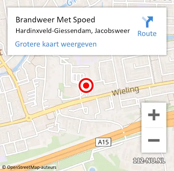 Locatie op kaart van de 112 melding: Brandweer Met Spoed Naar Hardinxveld-Giessendam, Jacobsweer op 27 juli 2023 21:07