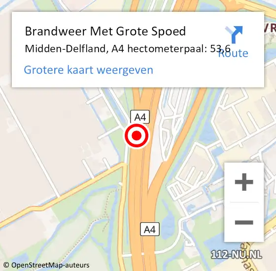 Locatie op kaart van de 112 melding: Brandweer Met Grote Spoed Naar Midden-Delfland, A4 hectometerpaal: 53,6 op 27 juli 2023 23:39