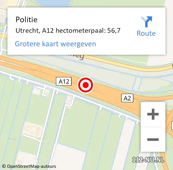 Locatie op kaart van de 112 melding: Politie Utrecht, A12 hectometerpaal: 56,7 op 28 juli 2023 02:13