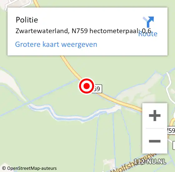 Locatie op kaart van de 112 melding: Politie Zwartewaterland, N759 hectometerpaal: 0,6 op 28 juli 2023 05:59