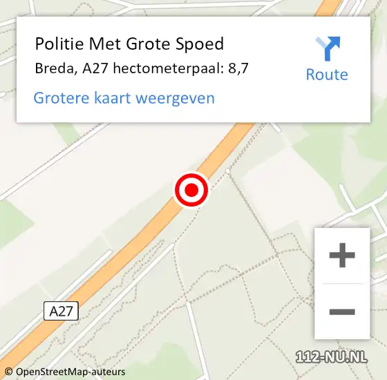 Locatie op kaart van de 112 melding: Politie Met Grote Spoed Naar Breda, A27 hectometerpaal: 8,7 op 28 juli 2023 08:32