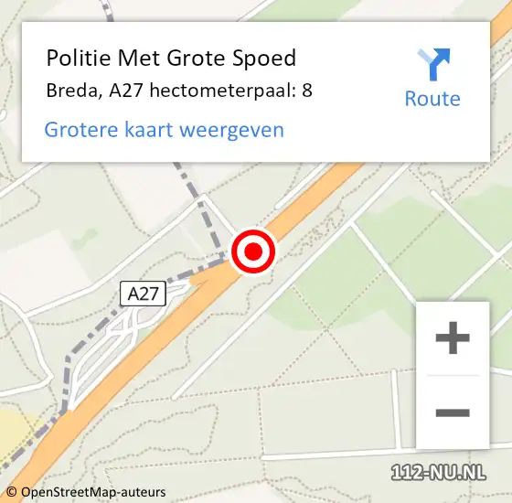 Locatie op kaart van de 112 melding: Politie Met Grote Spoed Naar Breda, A27 hectometerpaal: 8 op 28 juli 2023 08:32