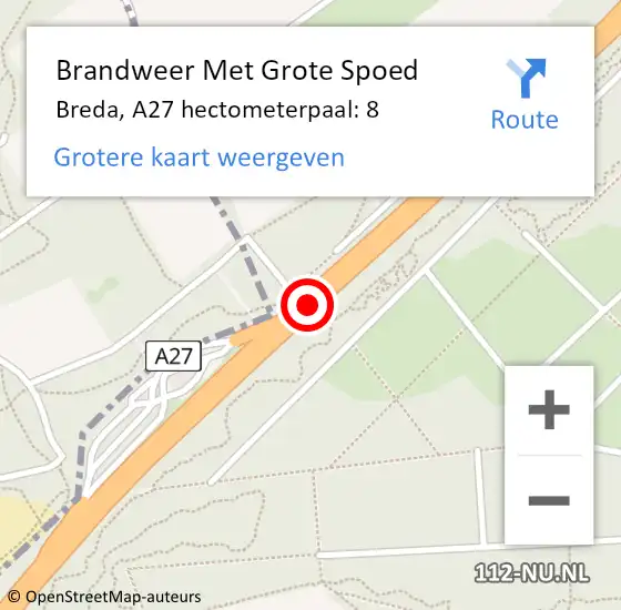 Locatie op kaart van de 112 melding: Brandweer Met Grote Spoed Naar Breda, A27 hectometerpaal: 8 op 28 juli 2023 08:33