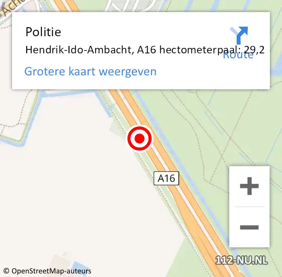 Locatie op kaart van de 112 melding: Politie Hendrik-Ido-Ambacht, A16 hectometerpaal: 29,2 op 28 juli 2023 10:19