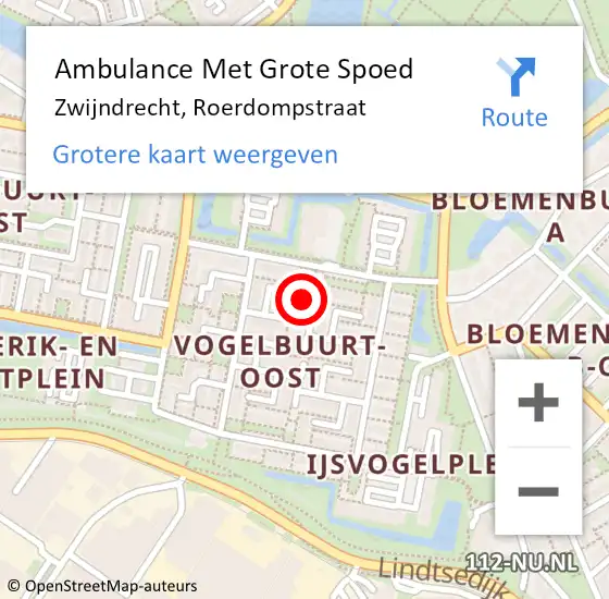 Locatie op kaart van de 112 melding: Ambulance Met Grote Spoed Naar Zwijndrecht, Roerdompstraat op 28 juli 2023 11:32