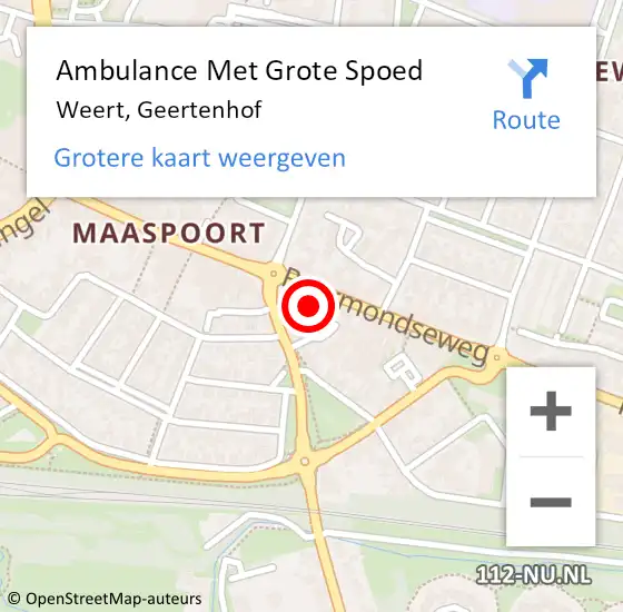 Locatie op kaart van de 112 melding: Ambulance Met Grote Spoed Naar Weert, Geertenhof op 28 juli 2023 11:36