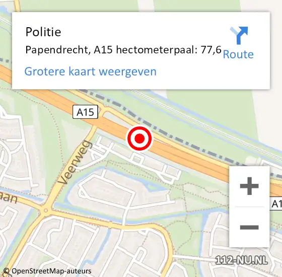 Locatie op kaart van de 112 melding: Politie Papendrecht, A15 hectometerpaal: 77,6 op 28 juli 2023 12:24