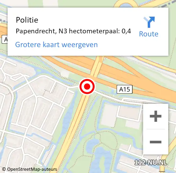 Locatie op kaart van de 112 melding: Politie Papendrecht, N3 hectometerpaal: 0,4 op 28 juli 2023 12:34