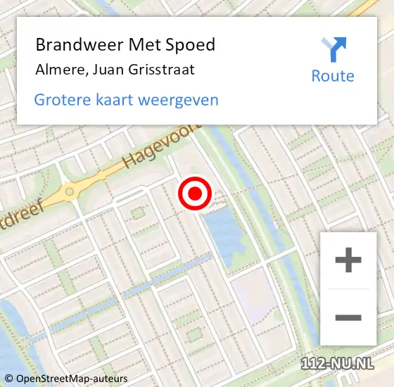 Locatie op kaart van de 112 melding: Brandweer Met Spoed Naar Almere, Juan Grisstraat op 28 juli 2023 13:53