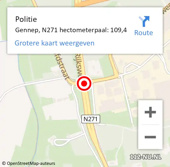 Locatie op kaart van de 112 melding: Politie Gennep, N271 hectometerpaal: 109,4 op 28 juli 2023 14:52