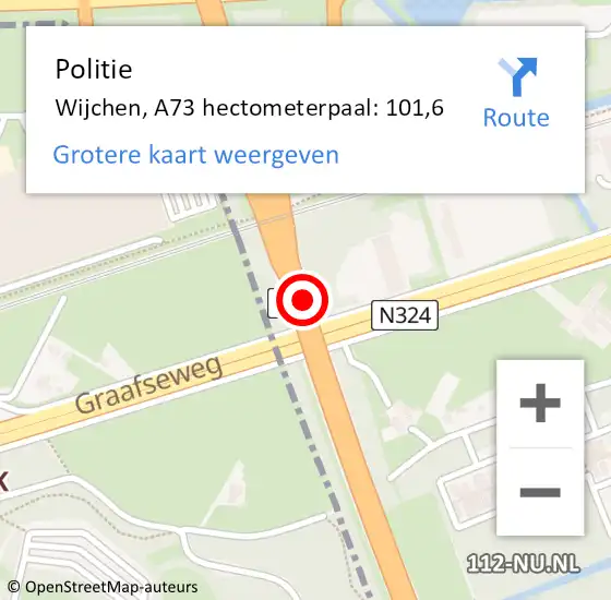 Locatie op kaart van de 112 melding: Politie Wijchen, A73 hectometerpaal: 101,6 op 28 juli 2023 15:16