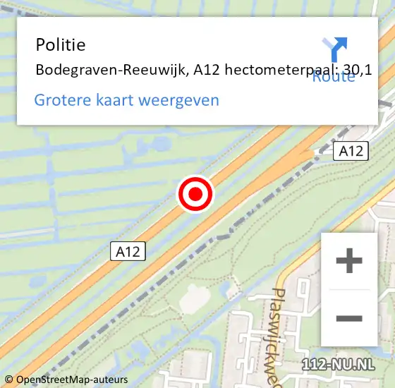 Locatie op kaart van de 112 melding: Politie Bodegraven-Reeuwijk, A12 hectometerpaal: 30,1 op 28 juli 2023 15:31