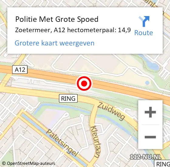 Locatie op kaart van de 112 melding: Politie Met Grote Spoed Naar Zoetermeer, A12 hectometerpaal: 14,9 op 28 juli 2023 15:38