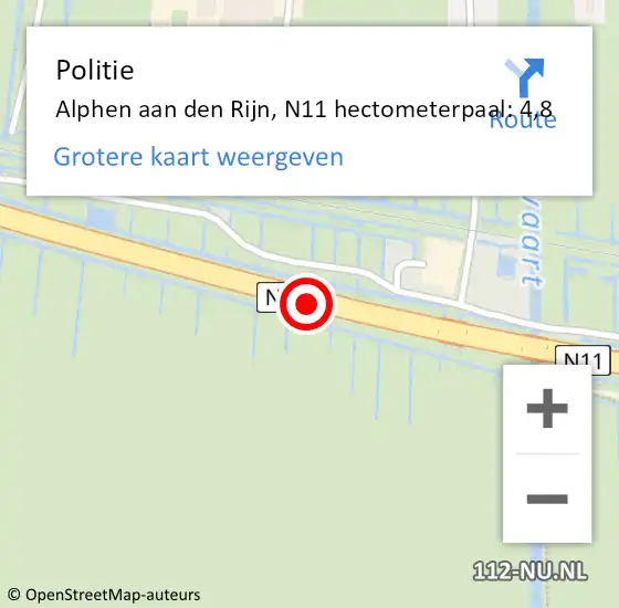 Locatie op kaart van de 112 melding: Politie Alphen aan den Rijn, N11 hectometerpaal: 4,8 op 28 juli 2023 15:44