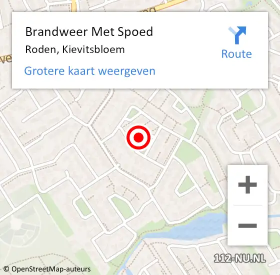 Locatie op kaart van de 112 melding: Brandweer Met Spoed Naar Roden, Kievitsbloem op 28 juli 2023 22:40