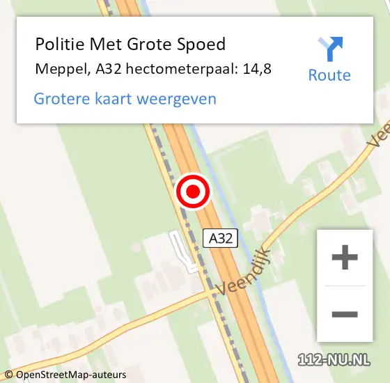 Locatie op kaart van de 112 melding: Politie Met Grote Spoed Naar Meppel, A32 hectometerpaal: 14,8 op 29 juli 2023 06:00