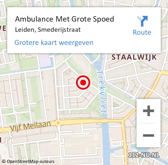 Locatie op kaart van de 112 melding: Ambulance Met Grote Spoed Naar Leiden, Smederijstraat op 29 juli 2023 09:24