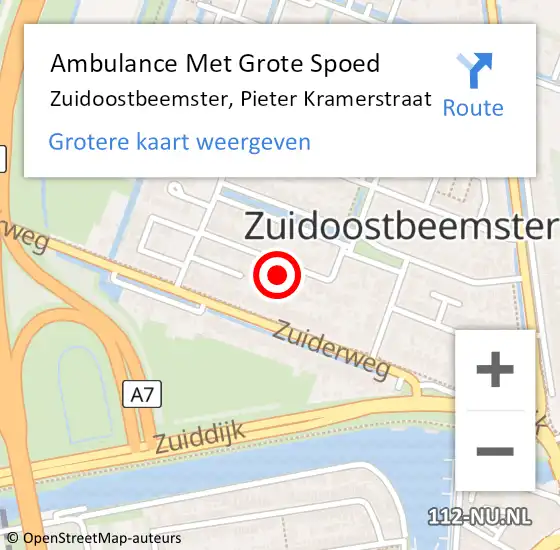 Locatie op kaart van de 112 melding: Ambulance Met Grote Spoed Naar Zuidoostbeemster, Pieter Kramerstraat op 29 juli 2023 10:01