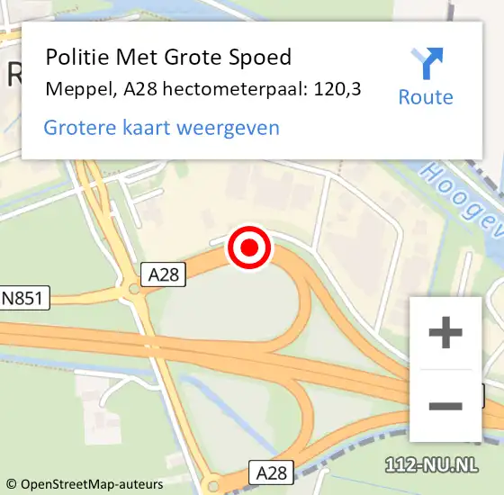 Locatie op kaart van de 112 melding: Politie Met Grote Spoed Naar Meppel, A28 hectometerpaal: 120,3 op 29 juli 2023 11:26